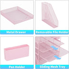 Gugsey Desk Organizer, 5-Tier Paper Letter Tray Organizer with File Holder, Drawer and Pen Holder, Desktop Organizer for Office Supplies, Pink