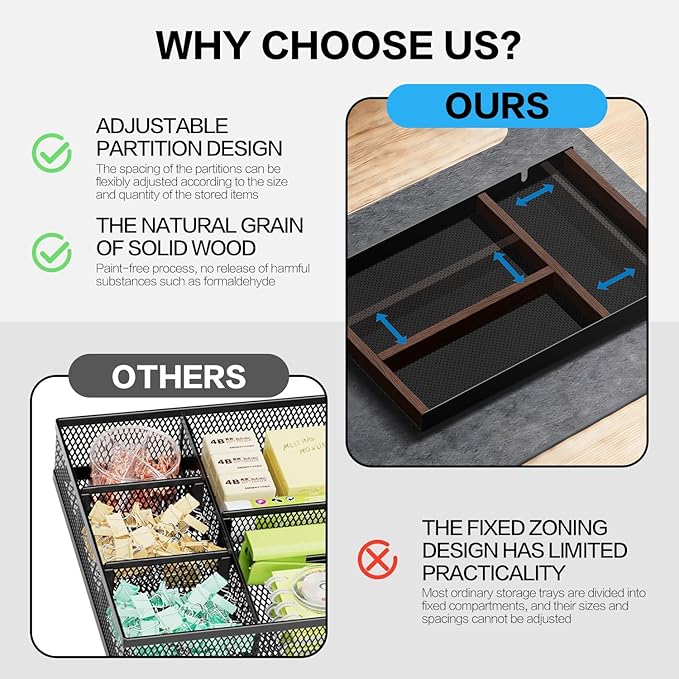 Laetass Desk Drawer Organizer Tray With Removable Magnetic Wooden Strip,Freely Adjustable Space,Made of Aluminum and Walnut,Valet Tray for Mens,Desk Accessories for Office/Home/Nightstand