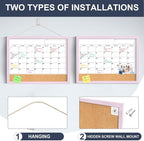 Dry Erase Calendar Cork Board Combo, 18x24 Inches Calendar Whiteboard for Wall, Magnetic White Board with Pink Wood Framed, Dry Erase Board for Planner Office Kitchen Home Memo