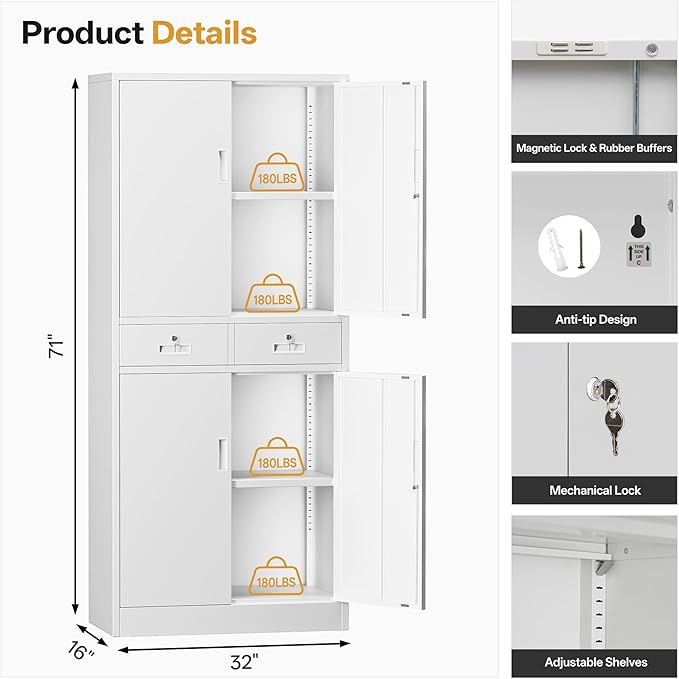 TaskStorz Metal Storage Cabinet with 2 Drawers 71" H,White Metal Garage Cabinets with 2 Lockable Doors and Adjustable Shelves Easy to Assemble for Home Office, Kitchen,Pantry,Garage,Warehouse