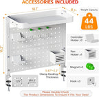 ARES WING Clamp On Desk Pegboard with 16 inches Organizer Shelf, Adjustable Above or Under Desk Storage Shelf Holds 44 lbs, Magnetic Metal Peg Board for Office and Gaming Accessories, White