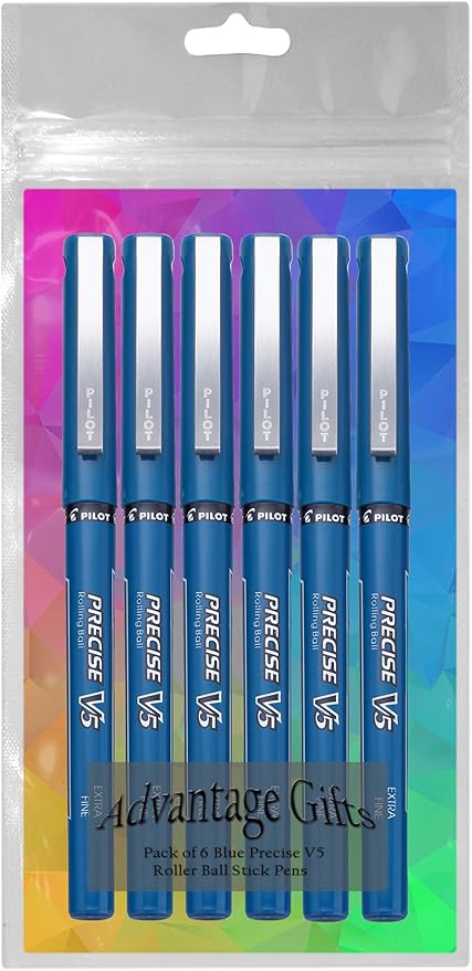 Precise V5 Stick Rolling Ball Pens, Extra Fine Point (.5mm), Blue Ink, 6-pk; Bundle with Plastic Reusable Pouch