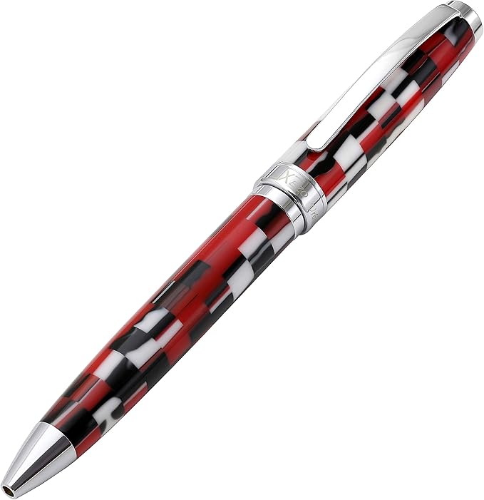 Xezo Urbanite II Ballpoint Pen, Medium Point. Sporty Red, Black, and White Checkered Acrylic on Brass. Chrome Plated. Handcrafted, Limited Edition, Serialized