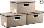 PRANDOM Storage Bins with Lids [3-Pack] Jute Fabric Foldable Storage Boxes Organizer Containers Baskets Cube with Cover for Home Bedroom Closet Office Nursery khaki（11.4X8.6X6.7