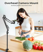 UBeesize Overhead Camera Mount with 360° Adjustable Arm & Phone Holder for TikTok Live Streaming Photography Studio Content Creation, Desk Mount for DSLR Cameras/Webcam/iPhone/Ring Light/Microphone