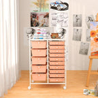 GOFLAME 15-Drawer Rolling Storage Cart, Craft Storage Cart with Removable Drawers & Lockable Wheels, Art Cart Supply Storage Organizer for Home Office Classroom, Peach Fuzz