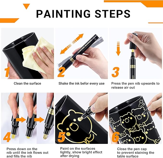 3Pcs Gold Liquid Mirror Chrome Markers, Permanent Reflective Metallic Gold Paint Pen, High Gloss Car DIY Model Painting, Touch Up Repair Kit for Plastic Metal Glass Fabric Ceremic Resins