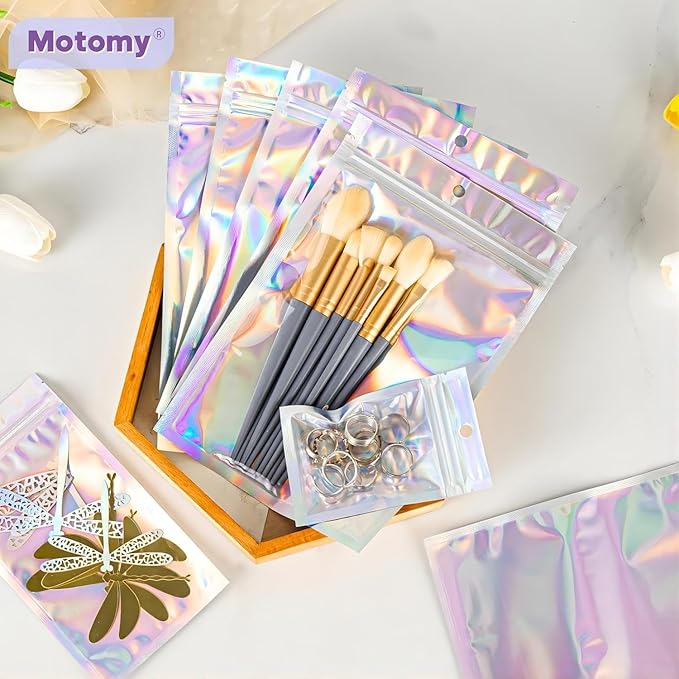 100Pcs Holographic Packaging Bags, 5.9x8.6 inch Resealable Foil Pouch Mylar Sample Bag Great for Small Business and Party