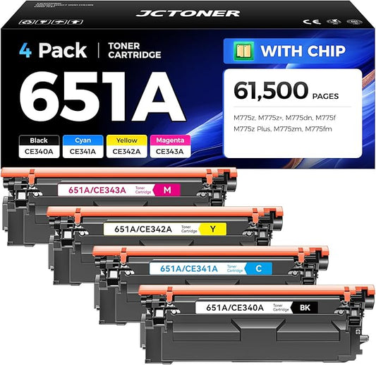 651A Toner Cartridge Set 4-Pack with Chip Replacement for HP 651A CE340A CE341A CE342A CE343A Compatible with HP Laserjet Enterprise 700 Color MFP M775dn M775f M775z M775zm M775z+ M775fm Printer Ink