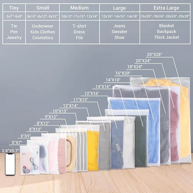 Svaldo Clothing Bags, 50 Count 20x28 inch Jumbo Extra Large Frosted Zipper Plastic Bags for Clothes, Sweater Dress, Backpack, Blanket, T Shirt Packaging Shipping, 3 Mil, with Vent Holes