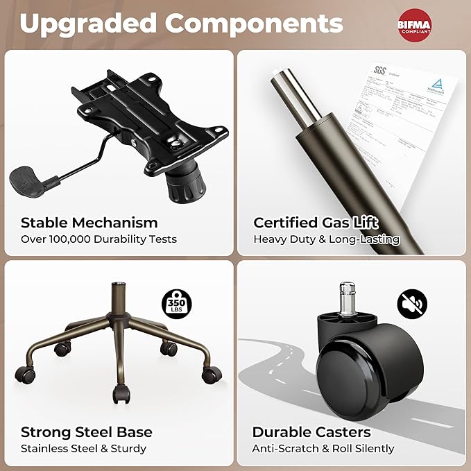 ovios Ergonomic Home Office Chair, Mid-Century Modern Faux Leather Chairs with Padded Armrests, Comfy Mid Back Swivel Rolling Executive Computer Armchair (Beige, Suede Leather)