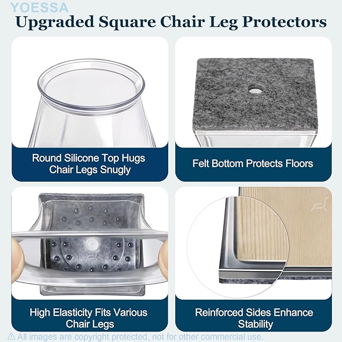 32 Pcs Square Chair Leg Floor Protectors for Hardwood Floors, Clear Silicone Chair Leg Caps Covers Sliders, Floor Protectors for Chairs, Protect Floors (M Fits: 1-1/16" to 1-5/16")