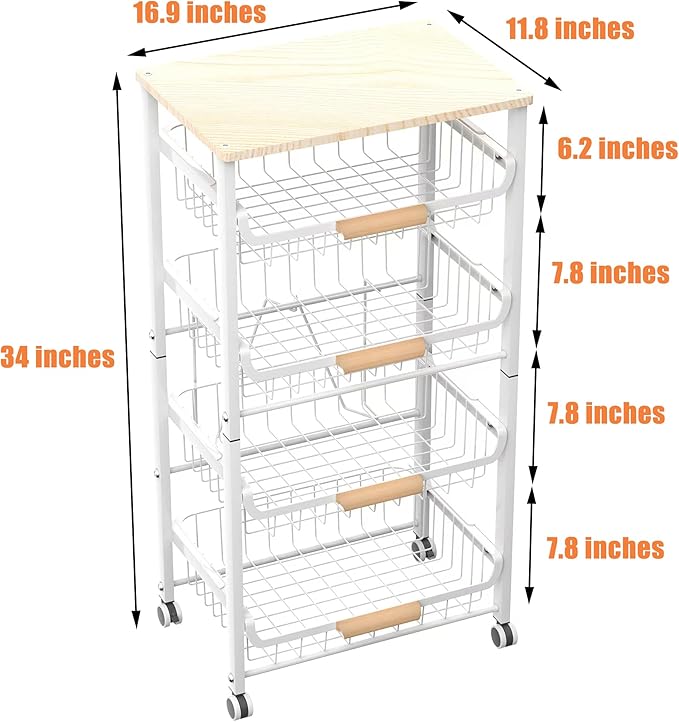 NiuYichee 5-Layer Fruit Basket Kitchen Food Storage Organizer and Storage Rack, Stackable Storage cart with Desktop, Pull-Out Hollow Metal Storage Basket, Wheeled Sorting Rack Spice Rack