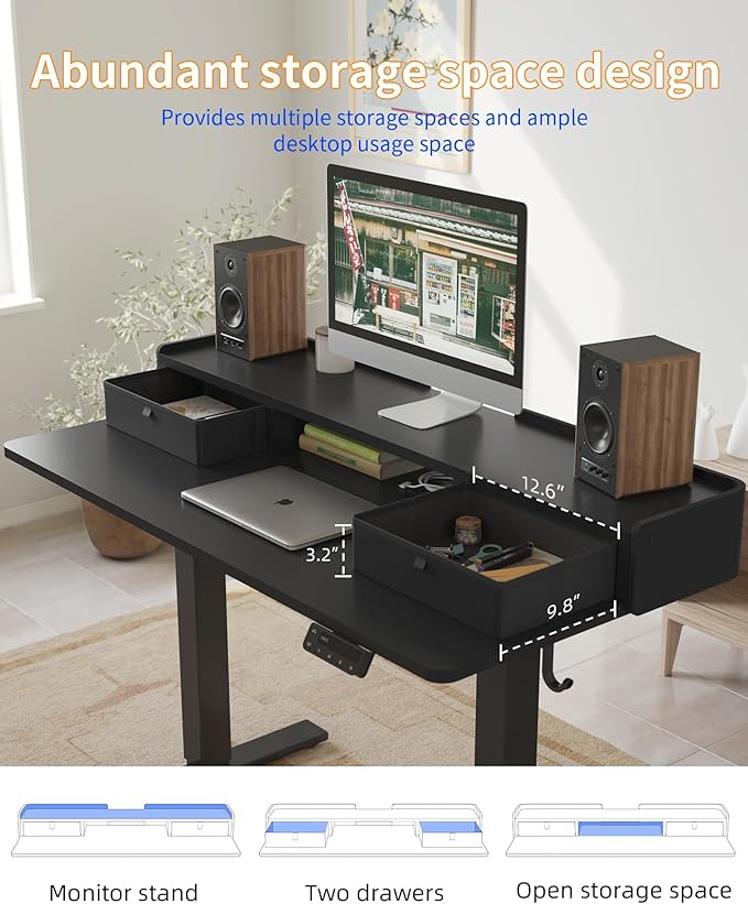 YIHAYO Electric Standing Desk with Drawers, 48 x 24 Inches Adjustable Desk with Storage Shelf, Stand Up Desk with Splice Board, Computer Table for Home Office, Black Frame/Black Top