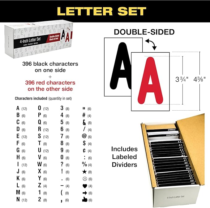 Swinging Changeable Message Sidewalk Sign: 36" x 48" Sign with 792 Pre-Cut Double Sided Letters and Storage Box. Includes Black Board & Letter Board (Black Color Legs)