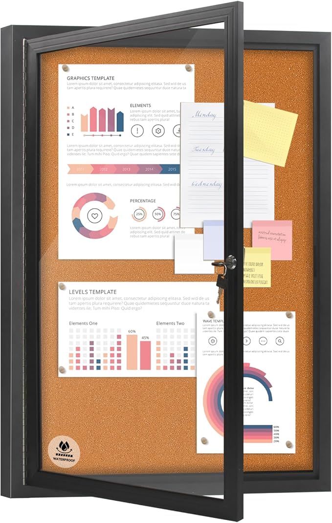 36x24 Inch Outdoor Enclosed Bulletin Board with Locking Door - Weatherproof & Tamperproof Cork Notice Board - Black Aluminum Frame