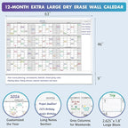 Jumbo Dry Erase Yearly Whiteboard Wall Calendar, 46" x 63", Huge 12 Month Laminated Erasable White Board, Giant Annual Family Schedule Planner, Large Undated Reusable Year Poster