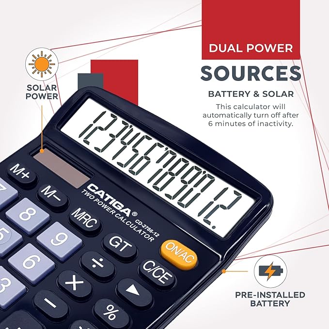 CATIGA Desktop Calculator (2 Pack) 12 Digit with Large LCD Display and Sensitive Button, Solar and Battery Dual Power, Standard Function for Office, Home, School, CD-2786 (Black/Silver)