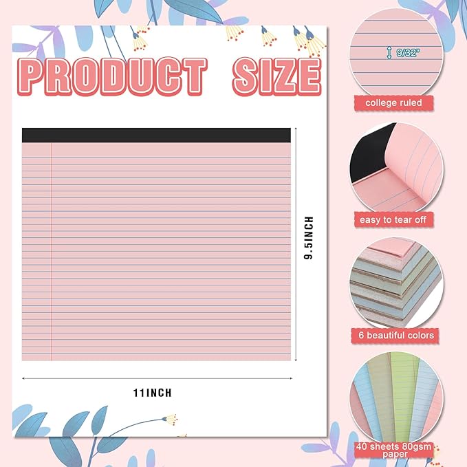 Lincia 6 Pcs 11" x 9.5" Legal Pads College Ruled Notepad Landscape Notebook Horizontal Lined Notebook 80 Gsm Assorted Colors Paper Pastel Writing Pads for School Office, 40 Sheet (Pastel Colors)