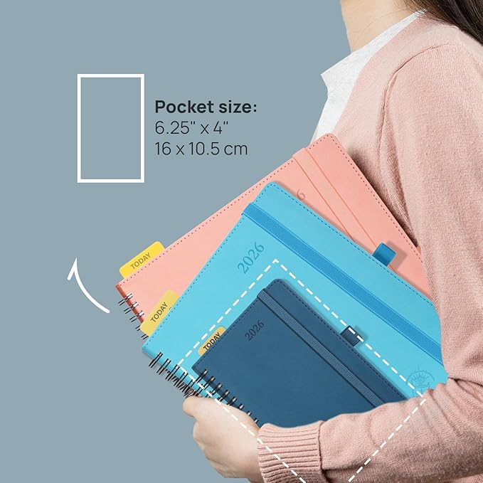 POPRUN Pocket 2026 Planner (Small Size- 4'' x 6.25'') Weekly and Monthly for Purse - Calendar 2026 (Jan. 2026 - Dec.2026) with Soft Cover, Plastic Ruler - Pacific Green