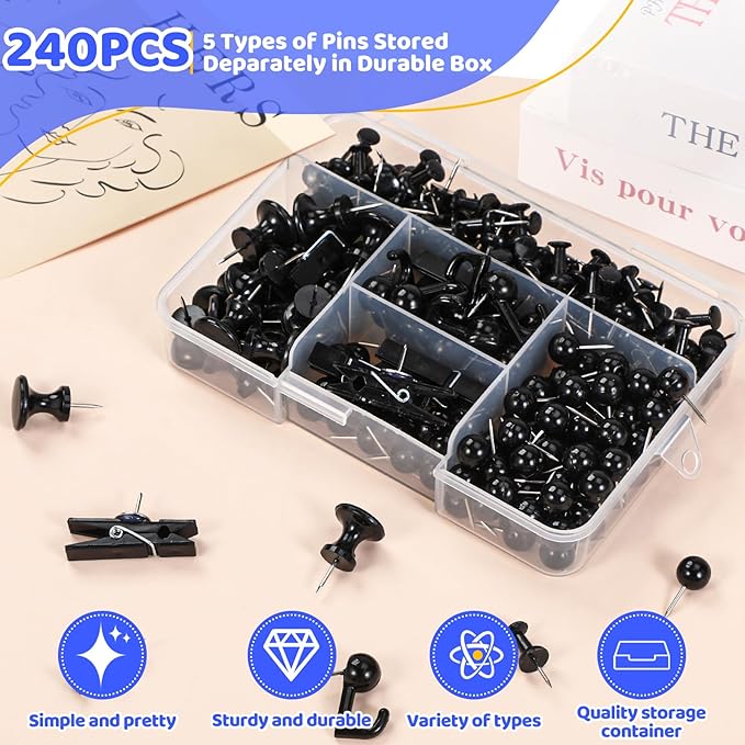 240Pcs Black Push Pins,5 Style Thumb Tacks, Black Plastic Push Pins for Bulletin Boards, Cork Board,Wall,Cork Board Accessories, Office Home Supplies