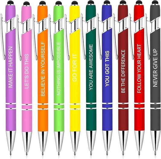 10 Pcs Inspirational Pens - Motivational Ballpoint Pen with Stylus Tip Ink Pens Bulk Inspirational Gifts for Women Coworkers Office Supplies Black Ink