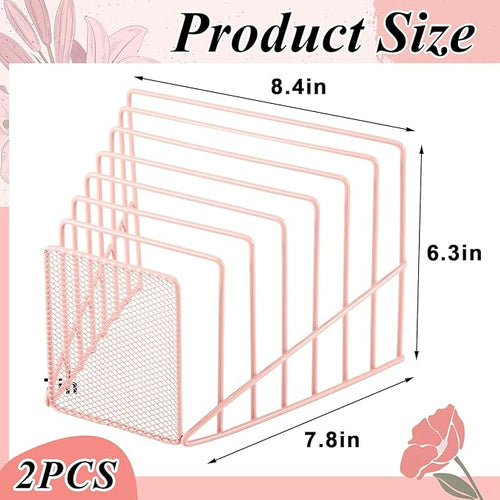 2 Pcs 7 Section Incline File Sorter Metal Wire Mesh File Rack for Desktop Letter Sorter for Magazine Folder Book Organizer Home Office School Paper Mail Desk Storage Holder (Pink)