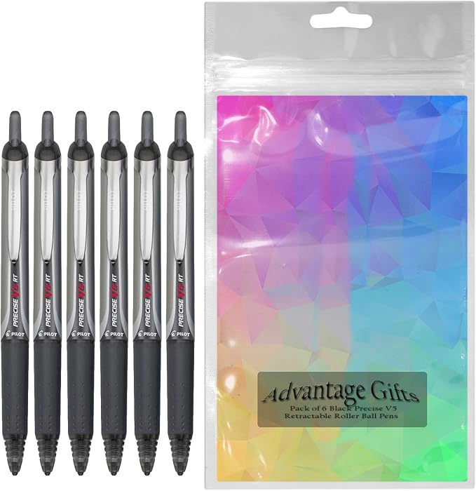 Precise V5 RT Retractable Rolling Ball Pens, Extra Fine Point (.5mm), Black Ink, 6-pk; Premium Comfort Grip, Bundle with Plastic Reusable Pouch