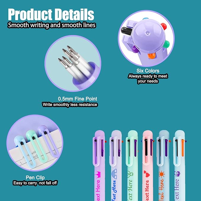 Custom 6-In-1 Multicolor Ballpoint Pen 0.5mm Tip Personalized Pens with Text Logo Name Printed Customized Pens Gift for Businesses School Office Employee Exhibition, 1PC