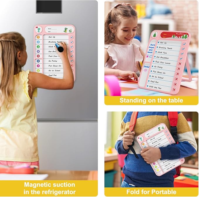 2-Pack Magnetic Chore Chart for Kids, ADHD Task Tracker Easy-Check Routine Dry Erase Board, to-Do List Planning Tool with Stand for Fridge/Desk/Home/School, 6 Reusable Sheets, 4 Markers