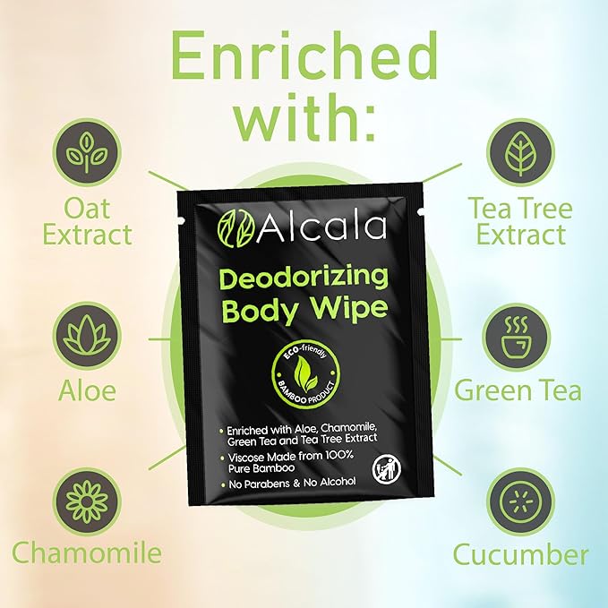 Alcala Deodorizing Body Wipes Individual Shower Wipes 100% Pure Biodegradable Bamboo Wet Wipes with Aloe Tea Tree Adult Body Wipes for Women & Men Ideal for Camping Hiking, Hospitals & Gym (330 Pack)