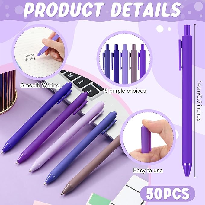 50 Pcs Ballpoint Pens Bulk Retractable Writing 1. 0 mm Black Ink Cute Pens Smooth Writing Color Fancy Gift for Teacher Student Employee Office School Home Baby Shower Supplies (Purple Series)
