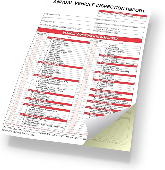 Annual Vehicle Inspection Report Form 25-pk 3-Ply Carbonless, 8.5" x 11.75" + 2-Ply Vinyl with Mylar Laminate Label 5" x 4"