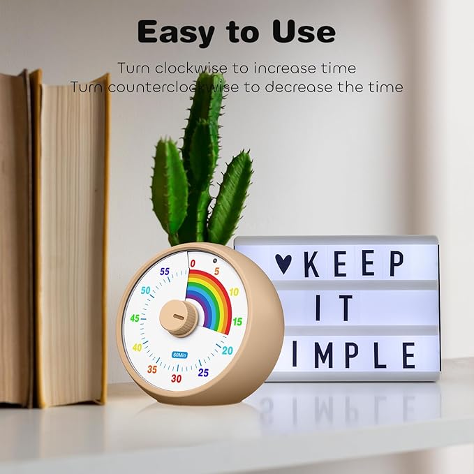 Visual Timer for Kids, 60-Minute Countdown Timer for Classroom Office Kitchen, Desk Timer Kids Time Management Tools with Silent Operation, Pomodoro Time Rainbow Pattern(Khaki)