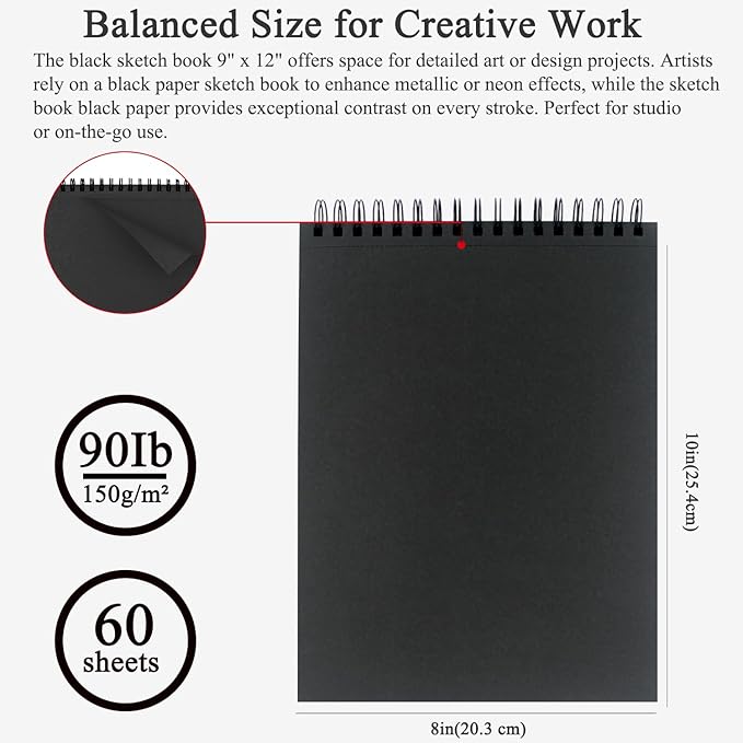 Fuxi Black Paper Sketchbook 9x12, 60 Sheets（90lb/150gsm） Hardcover Spiral Bound | Black Paper Notebook for Gel Pen, Colored Pencil, Artist Supplies for Adults, Teens & Students.