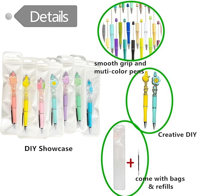 JHESAO 150PCS DIY Beadable Pens Kit, 50 Plastic Ballpoint Pens Bulk with Refills & Pouch, School Office Supplies and Decorative for Students & Teachers (Multicolor)