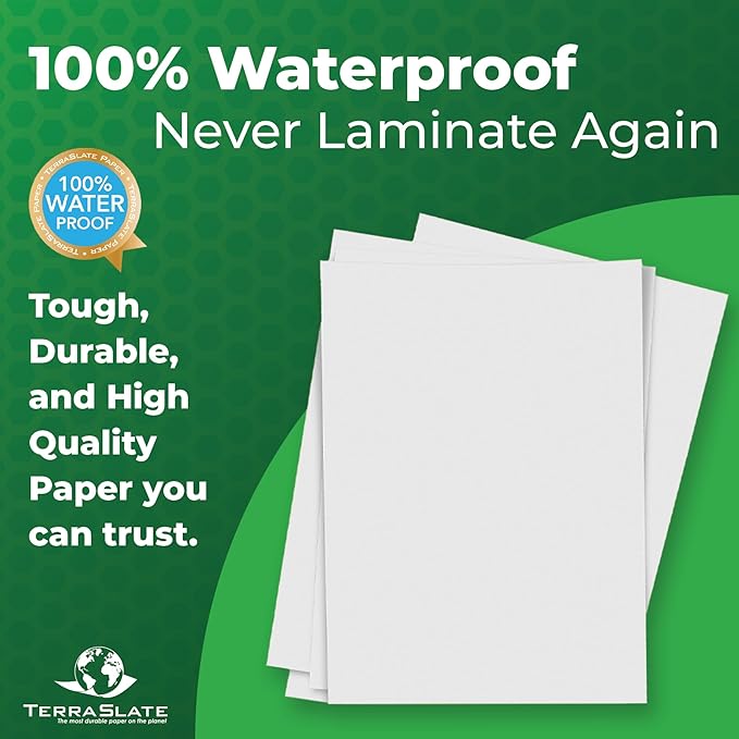 TerraSlate Printable Waterproof Paper for Laser Printer, 10 MIL 8.5" x 14", 50 Sheets, Matte White Printer Paper, Rip-Resistant, Weather/Rain Proof Copy Paper