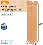 Tall Moving & Shipping Boxes 4x4x24 inches (10-Pack) - Extra Strength 200 lb vs Regular - Corrugated Strong Boxes for Packaging Moving - Cardboard Box, Made in USA - Packing Box by IDL Packaging