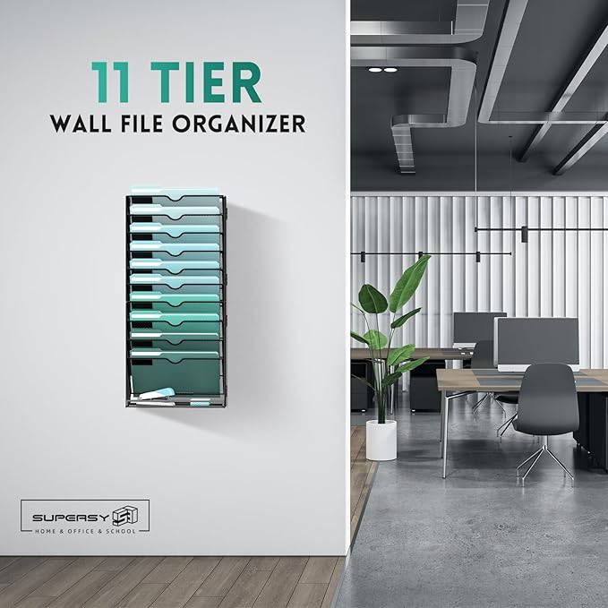 SUPEASY 11-Tier Wall File Organizer, Hanging Wall Files for Papers, Folders, Magazines, Wall Organizer for Clipboard, Assembly Needed, Black, 2 Pack