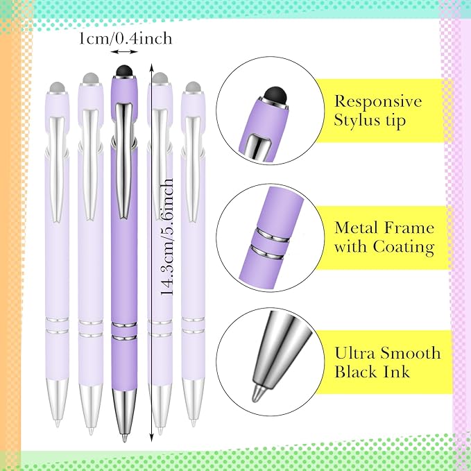 Zonon 38 Pieces Rubberized Ballpoint Pen with Stylus Tip Stylish Metal Pen Capacitive Styli with Soft Rubberized Grip, Black Ink for Most Devices(Purple)