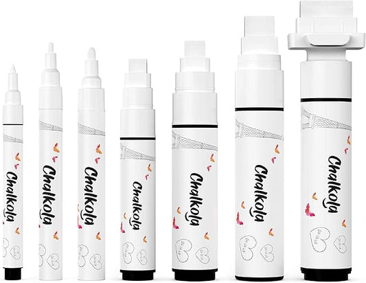 7 White Chalk Markers for Chalkboard Signs, Blackboard, Car Window, Bistro, Glass | 7 Variety Pack - Thin, Fine Tip, Bold & Jumbo Size Erasable Liquid Chalk Pens (1mm, 3mm, 6mm, 8mm, 10mm, 15mm, 30mm)
