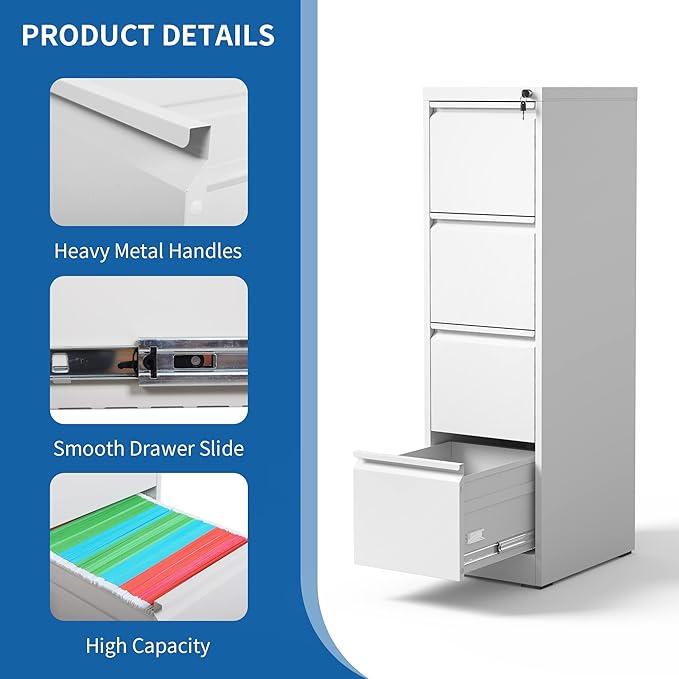 4 Drawer File Cabinet with Lock, Vertical File Cabinet with Lock, Locking File Cabinet Hanging Files for A4/ Legal/Letter,White