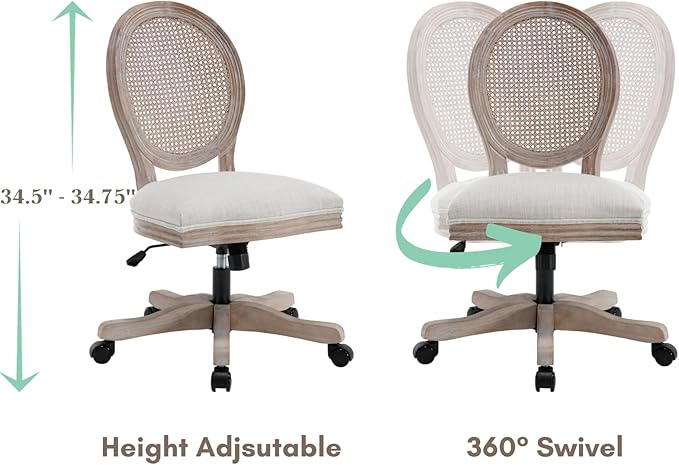 LukeAlon Rattan Back Linen Office Chair, Adjustable Height Swivel Task Chair with Wood Frame Armless Desk Chair with Wheels Upholstered Round Back Vanity Chair for Home Office Study Room, Beige
