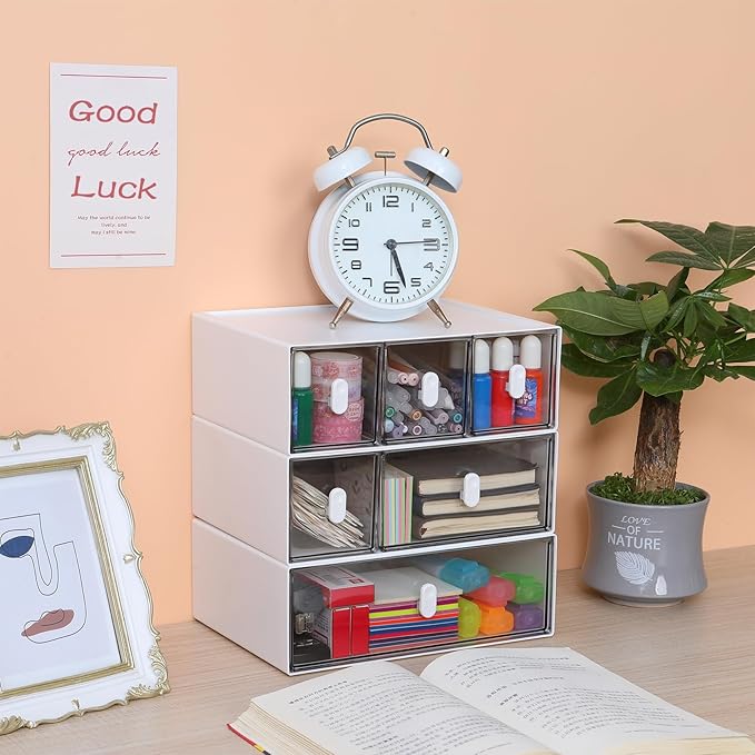 OSteed Desktop Drawers, Desk Organizer with 6 Drawers & Upright Handles, Stackable Craft Storage Box for Home Collection, Cosmetics, Office Supplies (3 Tiers, White & Clear)