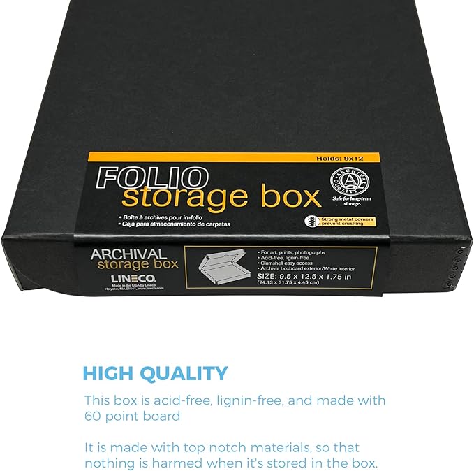 Lineco Archival Folio Storage Box. Metal Edge Archival Boxboard, Clamshell Lid. 9.5 x 12.5 x 1.75 inches.
