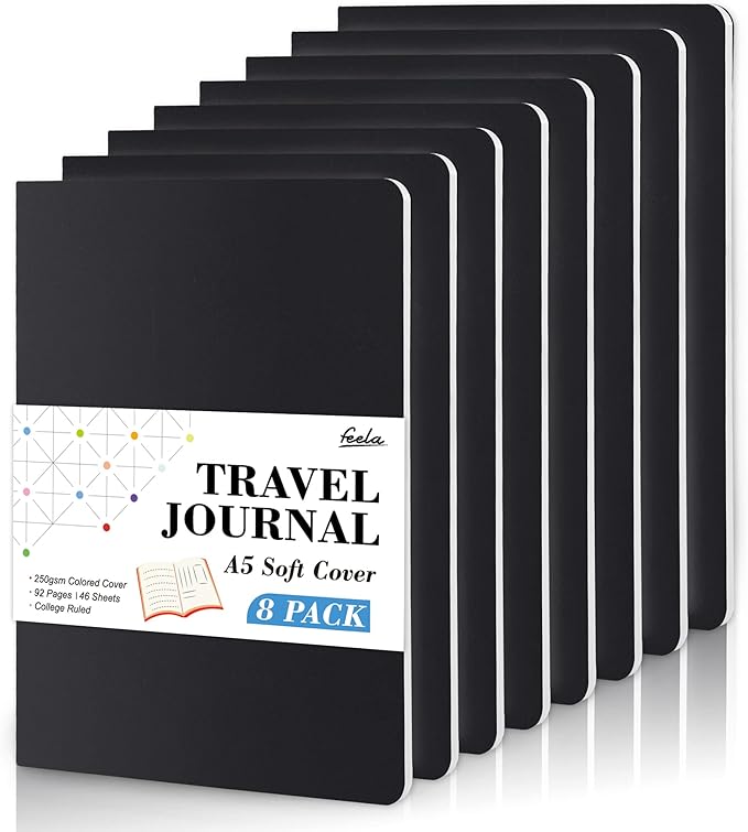 8 Pack Soft Cover Journal Bulk, Feela Notebooks College Ruled for Work, Lined Travel Journal for Women Men, Note Taking Notebook School Supplies Business Writing, 8.2” x 5.5”, A5, Black