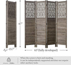 Svimi Folding Room Divider, 66.9 Inch 4 Panels Wood Carved Privacy Screens, Free Assembled Freestanding Portable Separation Wall for Home Office Restaurant Bedroom (Gray)