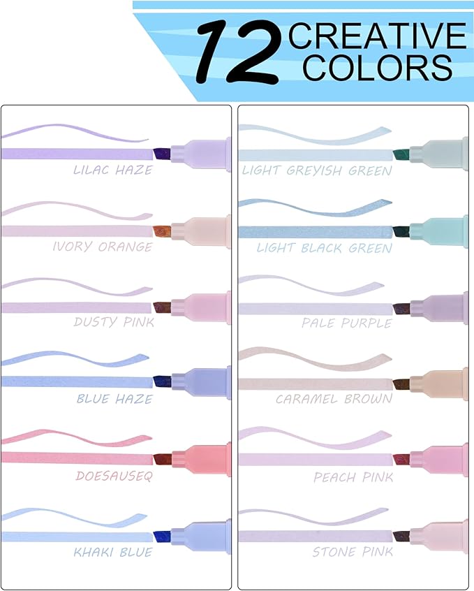 12 Packs Aesthetic Highlighters, Assorted Colors With Soft Chisel Tip,No Bleed Bible Highlighter Pastel, Cute Highlighters