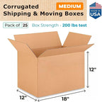Medium Shipping & Moving Boxes 18"L x 12"W x 12"H (25-Pack) - Extra Strength 200 lb vs Regular - Corrugated Strong Boxes for Packaging - Medium Moving Box - Cardboard Moving Box by IDL Packaging