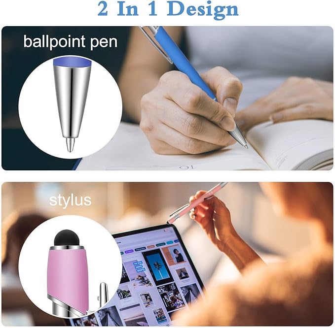 Tenare 12 Pieces 2 in 1 Stylus Metal Ballpoint Pen with Stylus Tip, 1.0 mm Black Ink Ballpoint Pen for Touch Screens(Mixed Color)